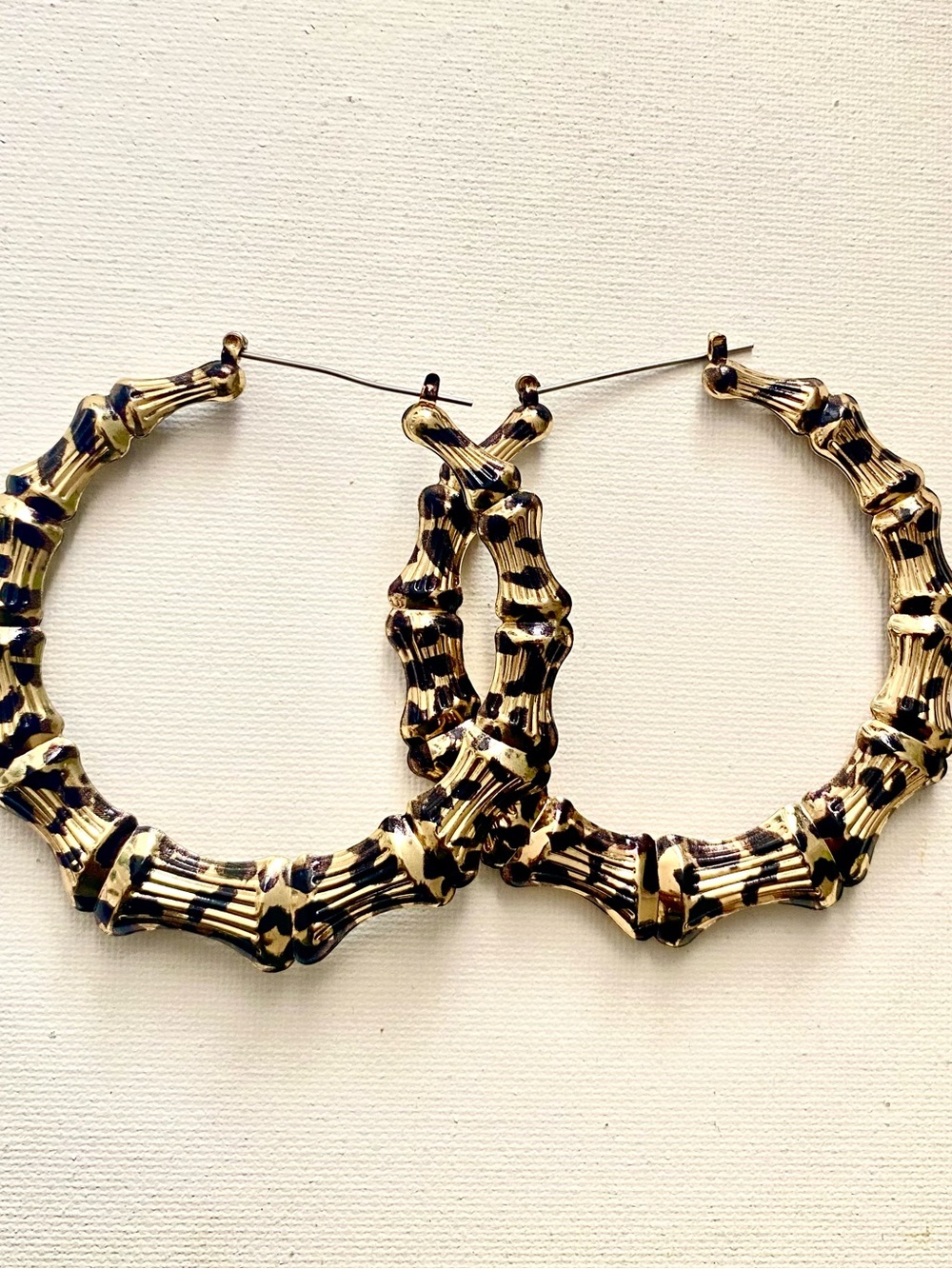 Gold Bamboo Hoop Earrings with black leopard print